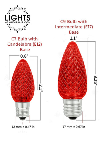This Image shows two Christmas Light Bulbs, One being C7 which is a smaller Christmas Light bulb at 2.1" tall and .8" wide compared with a C9 Christmas Light Bulb at 3.25" tall and 1.1" wide